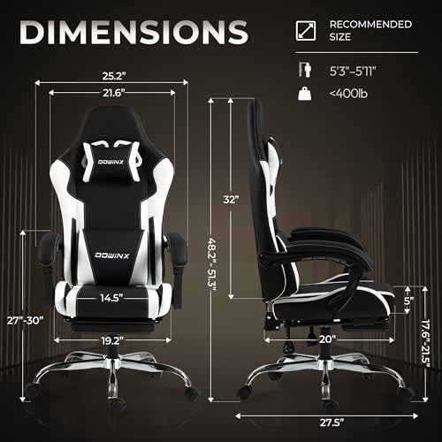 Ergonomic Gaming Chair with Footrest, Heavy Duty 330lbs Office Chair, Massage Lumbar Support, Adjustable Height & Headrest Pillow, Comfortable for Back Pain Relief, Streaming, Long Gaming, White - Image 4