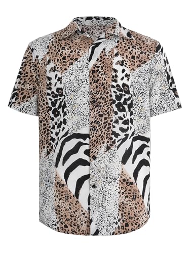 Verdusa Men's Leopard Zebra Print Short Sleeve Button Down Shirt Top