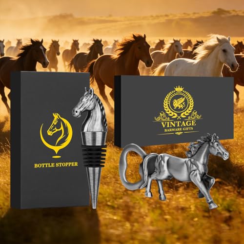 LULLEA Horse Bar Gift Set, Horse Beer Opener & Horse Head Wine Stopper, Equestrian Gifts for Men, Dad, Coach, Horses Lovers, Silver with Gift Boxes, Perfect Birthday, Father’s Day, Xmas Present