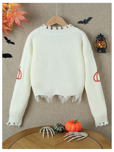 SHENHE Girl's Distressed Sweater Pumpkin Embroiderd Long Sleeve Cute Knit Sweater Crop Top2