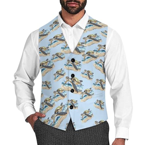 Sea Turtles Suit Vest for Men Slim Fit Tuxedo Waistcoat Button Down V Neck Business Dress Coat