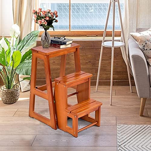 Maxmass 3 Step Folding Stool, Portable Wooden Stepladder, Foot Stools Ladder Flower Shelf for Kids & Adults (Brown)