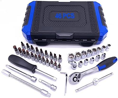 SRUNV Socket Wrench Set Metric and Standard 1/4-inch Drive,4-14mm,CR-V Sockets, S2 Bit Sockets and Extension Bar, with 72-Teeth Quick-Release Ratchet Wrench, for Auto Repair & House Hold, 46-Pieces