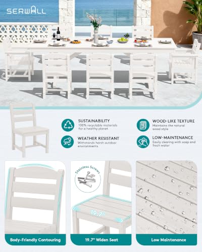 Image of SERWALL 10 Piece 84 inch HDPE Outdoor Dining Set for 8 with 6 Armless Chair, 2 Armchairs and Umbrella, White