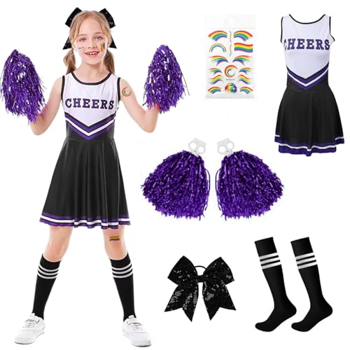 Hengrongshen Traje animadora menina preto, disfarce Cheerleader menina com vestido, pompões, meias, laço e forquilhas, fato cheerleader menina para carnaval, Halloween (150)
