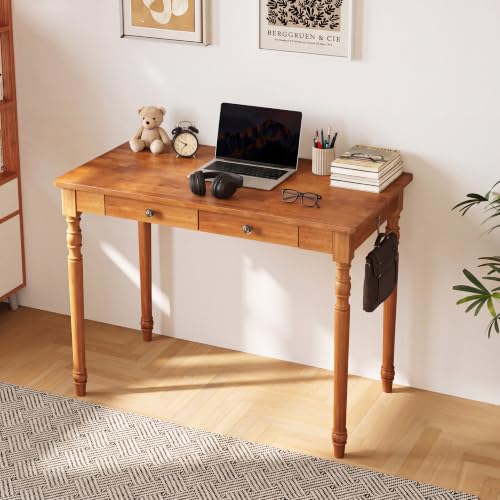 Image of 100% Solid Wooden Desk with Drawers - 39.4 inch Mid Century Modern Desk with 2 Hooks, Vintage Writing Desk with Drawers, Simple Work Study Table for Bedroom & Home Office - Walnut Color