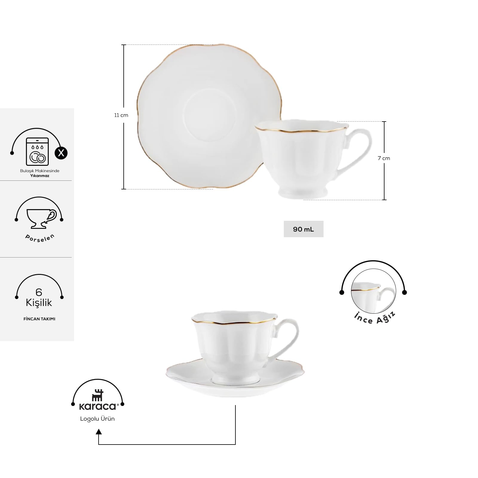 KARACA Çan Turkish Coffee Cup Set for 6 People, 12 Piece White Cups with Saucers, Small Porcelain Espresso Set - Image 3