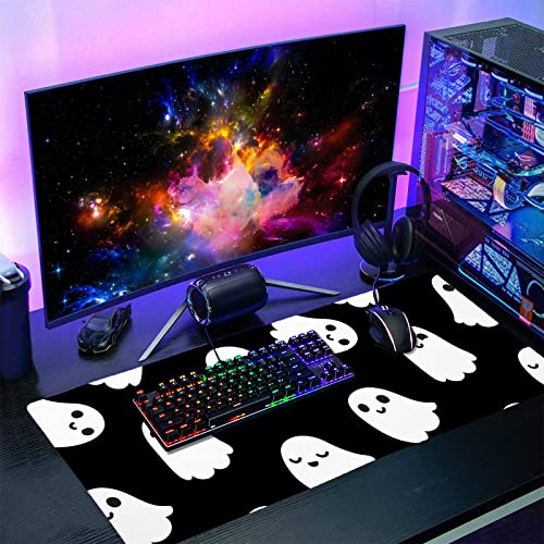 Image of Halloween Cute Ghost Mouse Pad Kawaii Cartoon Spooky Funny Spirit Extended Desk Mat Non-Slip Rubber Base Stitched Edge Large XXL Black White Mousepad for Gaming Laptop Computer Desktop 35.4x15.7 in