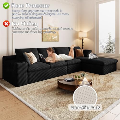 Image of 136 inch Cloud Couch Modular Sectional Sofa for Living Room, L-Shape Boneless Couch with Deep Seat, Modern Corduroy 4-Seater, No Assembly Required (Black,Right-Facing Chaise)
