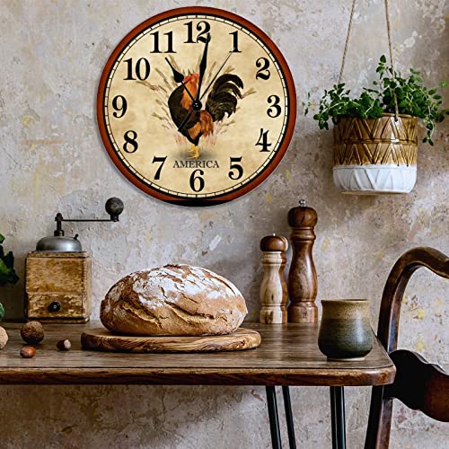 America Good Morning Hen Decorative Wall Clock Vintage Black Rooster Clock Battery Operated Wooden Decorative Wall Clocks 10Inch Country Tuscan Style Wall Clock For Kitchen Dinning Room #TOP2