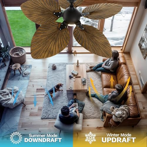 DWVO 52" Indoor Ceiling Fan with Light Kit & Remote - Tropical Palm Leaf Blades, Reversible Quiet DC Motor, 6-Speed Settings for Bedroom, Living Room, Dining Room