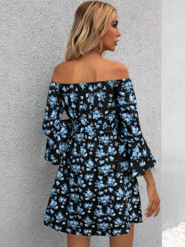 Image of Off Shoulder Ruffle Dress for Women, A-Line Mini Dress with Belt, Fitted Bust Summer Wedding Guest Dress