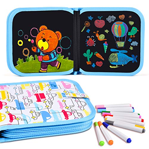 Miavogo Livre de coloriage avec 12 crayons de couleur pour enfants, planche à dessin effaçable réutilisable portable - 14 pages (chariot) Cover