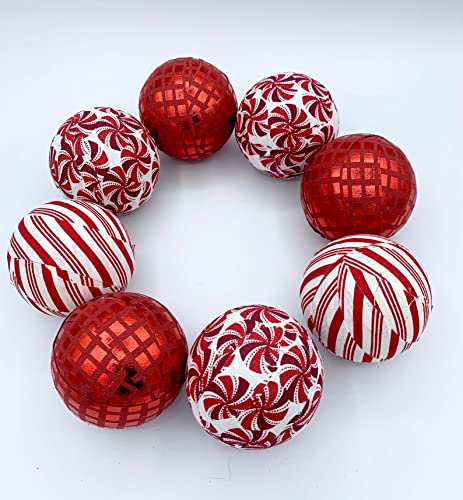 Peppermint Candy Canes Red White Christmas Fabric Wrapped Balls- Holiday Bowl Filler Orb Set Of 8 #TOP23