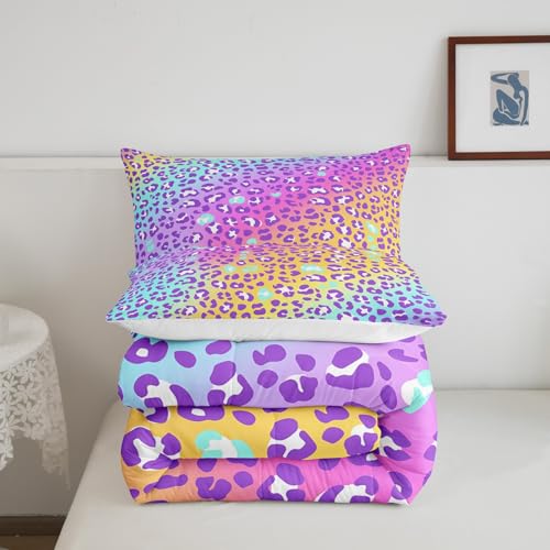 Image of Feelyou Girls Colorful Leopard Comforter Set - Women & Kids Cheetah Print Bedding - Toddler Size - All Seasons - Safari Animal Print Quilt & Duvet Set