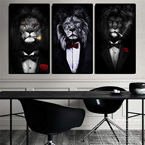 YCCYI Affiches d'art sur Toile Imprime Lion Sauvage Noir dans Un Costume Lion Abstrait fumant Un Cigare Peintures sur Toile Art Mural Photos 50x80cm (20x32in) x3 sans Cadre Cover