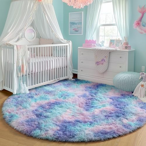 PAGISOFE Round Rugs 5Ft Cute Shaggy Circle Rug for Girls Bedroom, Purple Rainbow Rugs for Kids Room, Teen Girls, Playroom, Nursery, Fluffy Furry Pastel Mermaid Rug, Soft Plush Kawaii Tent Carpet - Image 6