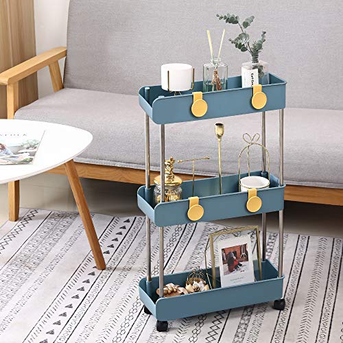 Melody House 3-Tier Slim Mobile Shelving Unit On Wheels, Slide Out Rolling Bathroom Storage Organizer, Utility Carts Shelf Rack For Kitchen Bathroom Laundry Room Narrow Places, Navy Blue #TOP4