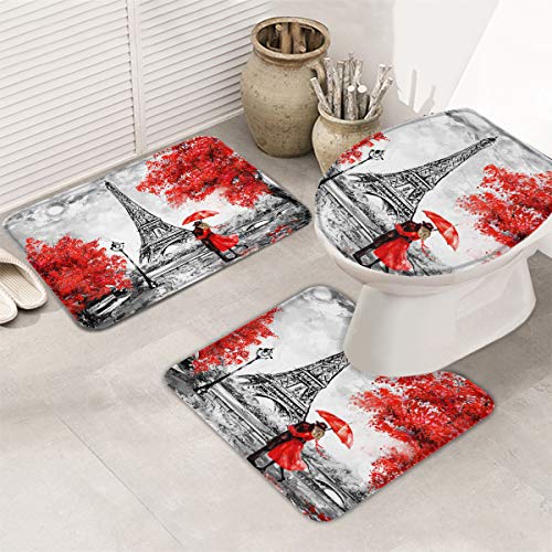 3-teiliges Badvorleger-Set mit WC-Deckelbezug, Motiv Eiffelturm, roter Ahorn, WC-Vorleger und WC-Deckelbezug, rutschfest, groß – Bild 3