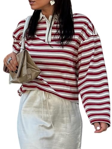 Sunloudy Women Oversized Rugby Polo Shirt Preppy Long Sleeve Striped Lapel Collared Vintag Sweatshirt Teen Girl Pullover Top