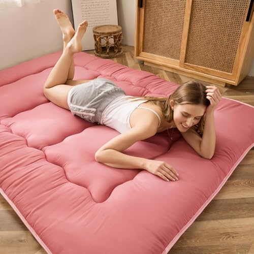Image of MAXYOYO Japanese Futon Mattress Twin Size Floor Mattress, Thicken Tatami Mat Sleeping Pad Roll Up Mattress Floor Folding Couch Mattress Pad for Guest Room, Pink, Twin