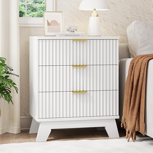Image of Xixini Fluted Nightstand, 24 inch Wide Side Table with 3 Large Storage Drawers, Mid Century Modern Wood Night Stand with Metal Handle, Wooden Bedside End Table for Bedroom, White