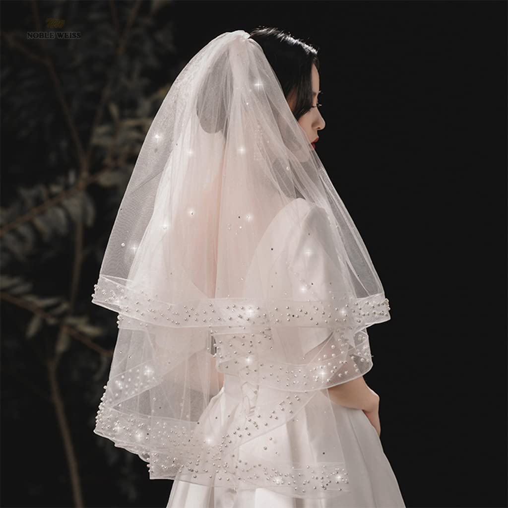 Velo de boda con cuentas de dos capas JFDBGU en tul elástico
