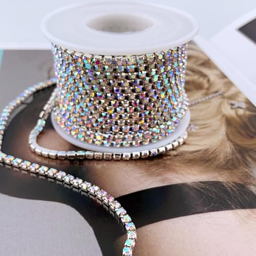 10 Yard Crystal AB Rhinestone Close Chain Clear Trim Sewing Craft (Silver, 3mm)