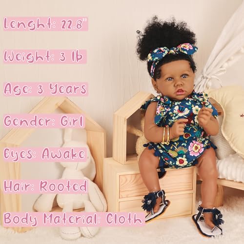 Image of HOOMAI Reborn Baby Black Dolls African American Lifelike Silicone Doll Realistic 22.8 Inch with Cloth Body Birthday Gift Set for Ages 3+