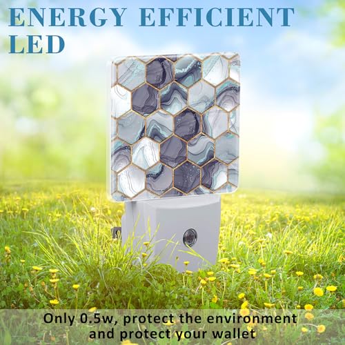Image of Hexagon Golden Blue Marble Night Light Plug into Wall with Dusk to Dawn Sensor Cute Nightlight for Kid Girls Boys Women Men Room Decor, Hallway, Kitchen, Bathroom, Nursery, Stairs