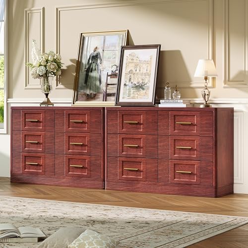 RECHHX Farmhouse 6 Drawers Dresser for Bedroom, 47.2" Wide Large Modern Chest of Drawers, Wooden Thermoformed Curved Dresser Organizer for Bedroom, Living Room, Rustic Cherry — view 4