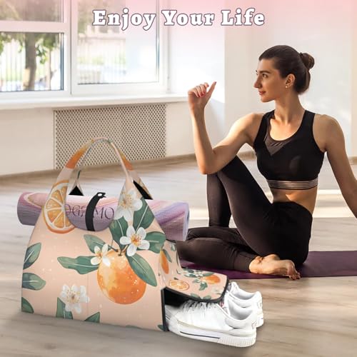 Yoga Tote Bag for Women Orange Flower Beach Bag with Shoe Storage & Yoga Mat Strap Waterproof Weekender Duffle Bag for Travel Fitness Weekend Trips2