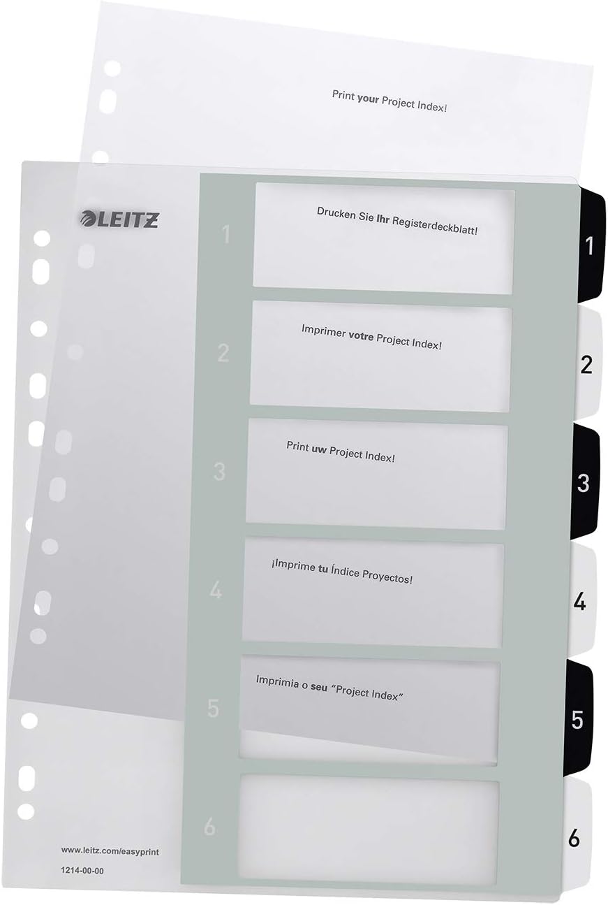 Leitz WOW Printable Index, Extra-Wide, 1-6 Numbered Tabs, PP, A4, White/Black