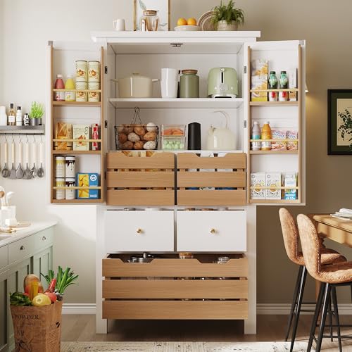 Goldicoo Armario de cocina con 2 puertas y 5 cajones, 80 x 40 x 140 cm, color blanco, tablero de fibra de densidad media, armario de buffet multiusos con protección antivuelco