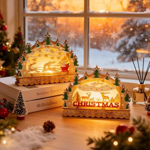 Arco de Navidad con luces LED de madera, arco de luces LED, con alce, madera, pueblo navideño con iluminación, batería, decoración navideña, interior, pueblo de invierno, para decoración de mesa (AB)