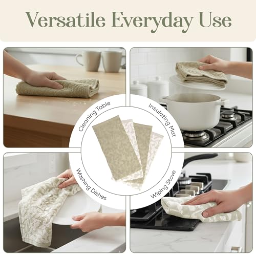 Image of 4 Pack Hand Towels, Cotton Sage Green and White Floral Kitchen Towel, Soft and Absorbent Hand Drying Towels 18 x 28