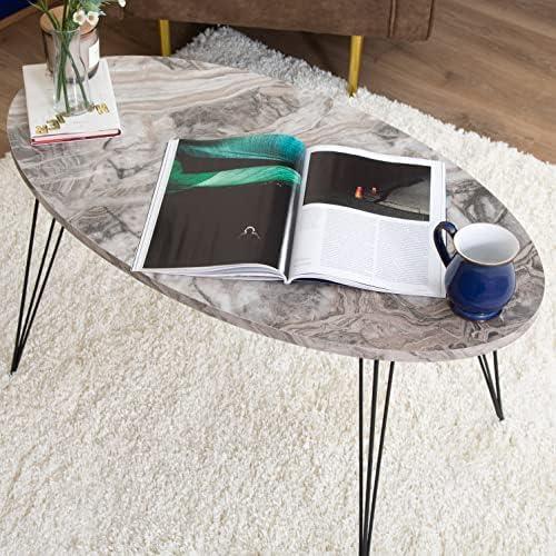 Bravich Modern Retro Marble Effect Oval Coffee Table for Home Office and Family Use | Black Legs, Grey Marble Effect Top