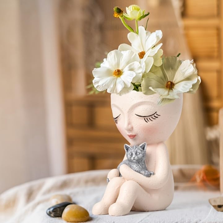 Image of Face Planter Pot with Drainage Hole 6 inch Resin Head Flower Pot for Indoor Outdoor Plants Cute Lady Planter for Garden Home or Office | No Plants or Floral Included (White)