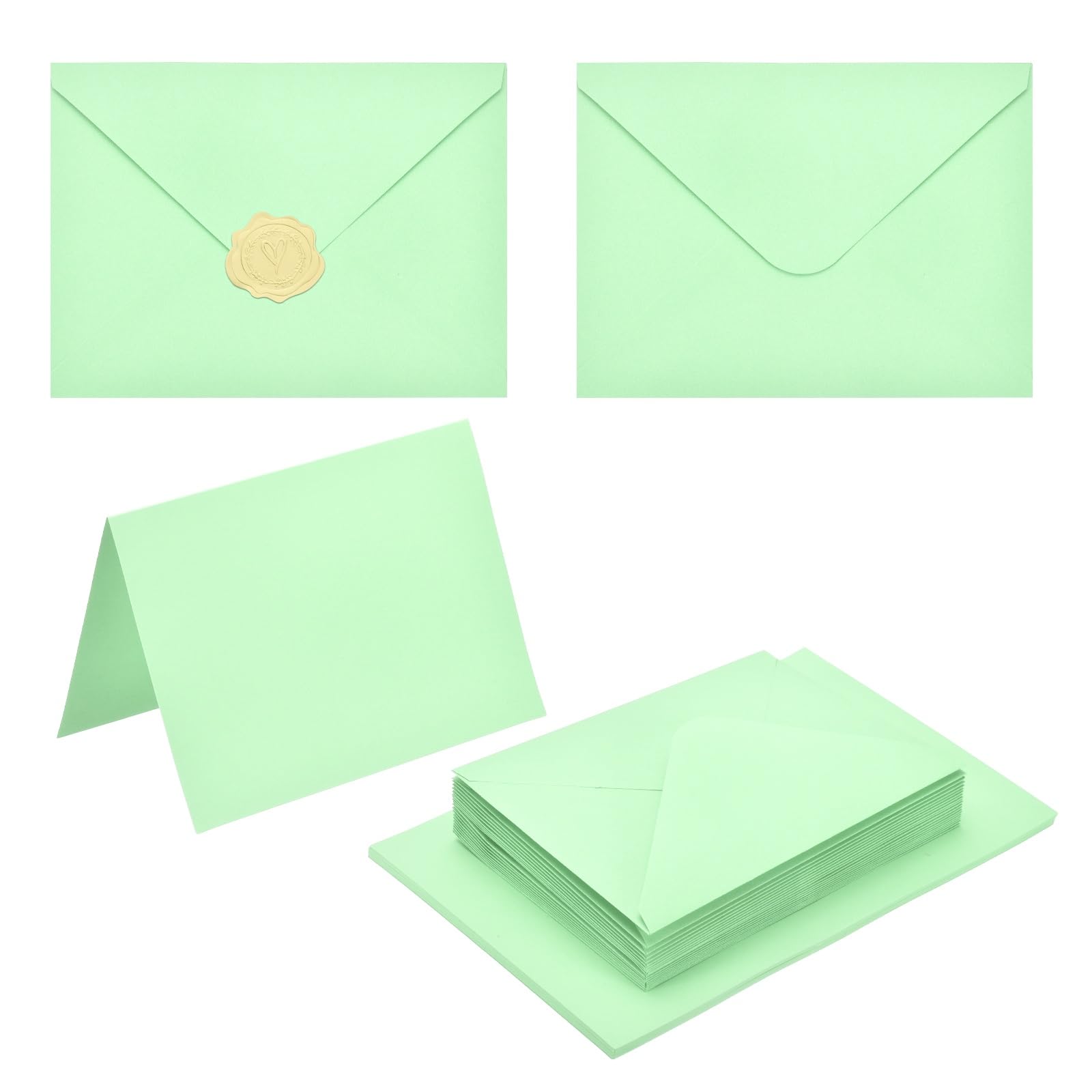PATIKIL 50Pack Light Green 5x7 Envelopes with Cards, V Flap A7 Envelopes with Cardstock & Gold Stickers for Greeting Cards Wedding Greeting Birthday Invitations Letter Mailing — image 1