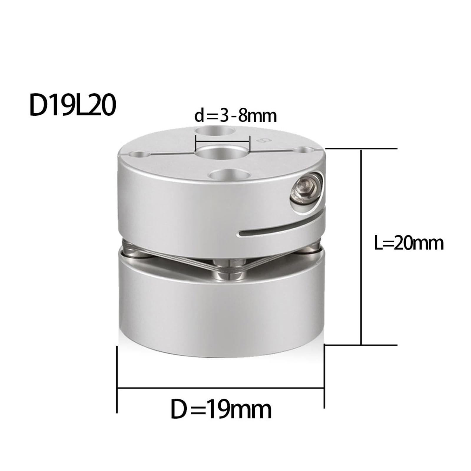 D19L20mm Acoplamiento del eje del motor Diafragma simple Acoplador de eje universal Servomotor Tornillo Acoplamiento de transmisión elástica 3-8 mm(4X6.35)