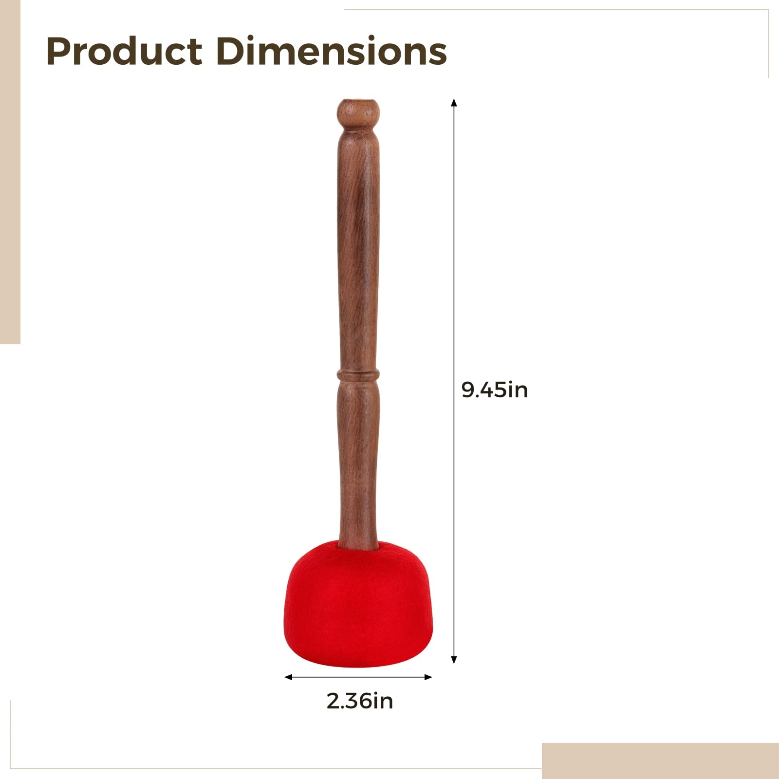 Maillet Gong en bois fabriqué à la main du Népal, tête en feutre rouge, 6 cm, longueur 23 cm, idéal pour le yoga, la méditation et les bols en cristal