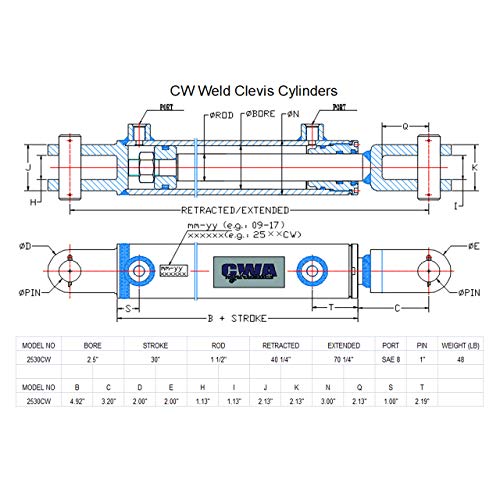 Image of CW Weld Clevis Cylinder 2 1 /2 inch Bore x 30 inch Stroke x 1 1 /2 inch Rod x SAE 8 Port x 3000 PSI