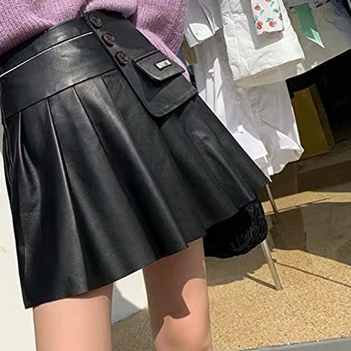 Yurasiku Women Casual High Waist Zipper Skater Skirt Comfortable Pu Leather A-Shape Vacation Trendy Mini Pleated Skirts Khaki #TOP2