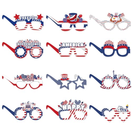 12 Pcs 4th of July Decorations Glasses - Fourth 4th of July Party Accessories Independence Day Memorial Day Decorations American Flag Glasses for Women Men Teens Red White and Blue Decoration