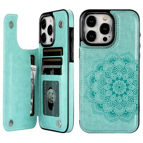 Vaburs Compatible with iPhone 15 Pro Max Case Wallet with Card Holder, Embossed Mandala Pattern Flower PU Leather Double Buttons Flip Shockproof Cover for Magnetic Car Mount 6.7 Inch (Green)