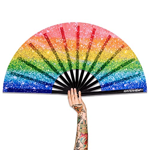 Raveahem UV Glow Rave Fan Bamboo Folding Clack Hand Fan for Men Women (Glitter Rainbow Large 13)
