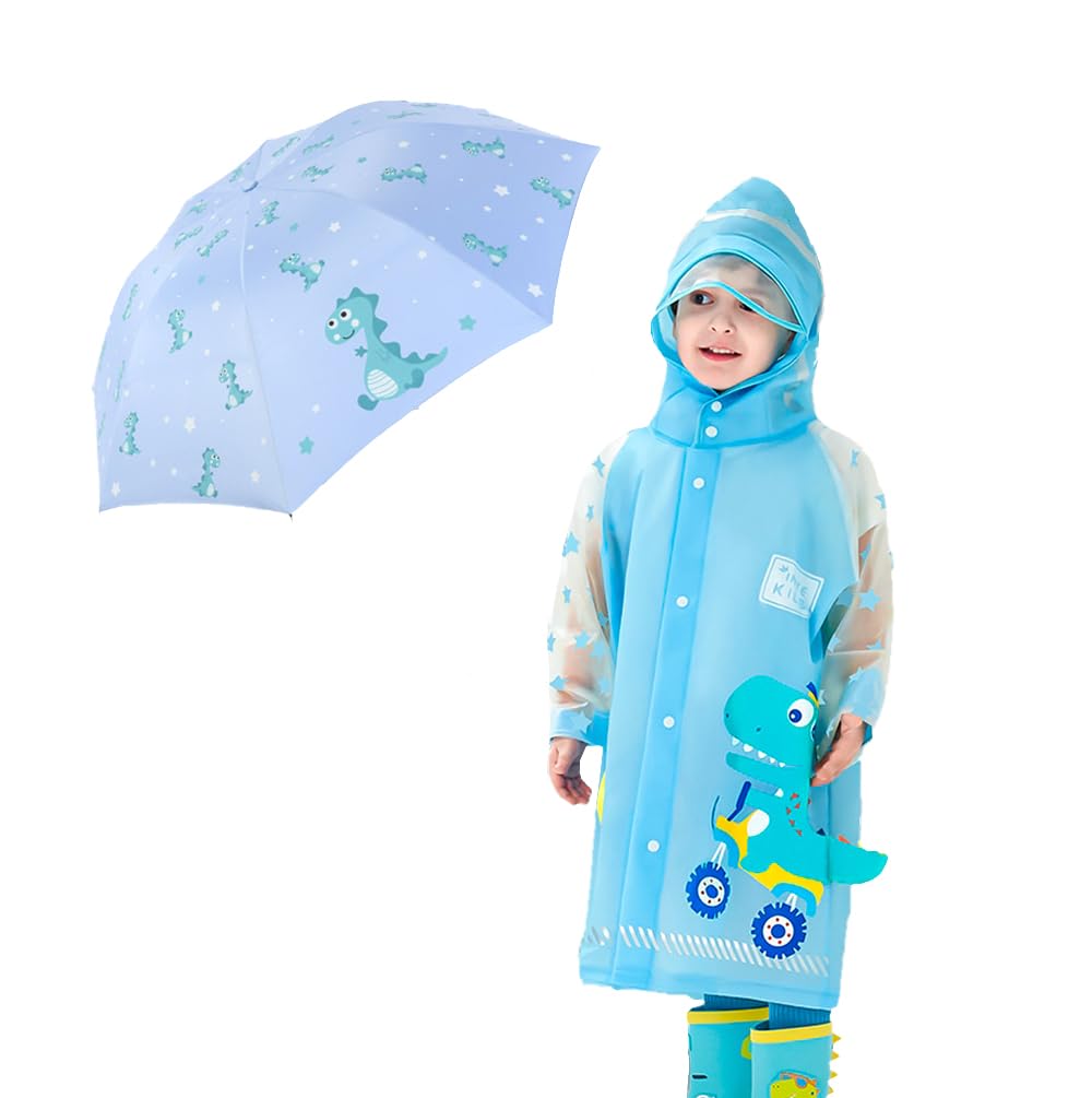 Kids Unicorn and Mermaid Folding Umbrella and Raincoat Set for Boys and Girls Ages 3-11
