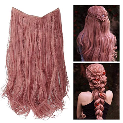 Pink Colored Halo Hair Extensions Smoky Dusty Pink Curly Long Synthetic Hairpiece 18 Inch 4.2 Oz Invisible Wire Headband for Women Girl Kid Party Heat Resistant Fiber No Clip SARLA(M01&Smoky Pink)