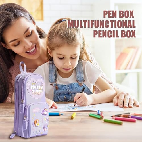 Image of Kawaii Pencil Pouch 3 Compartment Cute Pencil Cases Aesthetic Pencil Case for Girls Large Capacity Pen Pencil Case Multifunctional Stationery Organizer for Girls (Happy Time Purple)