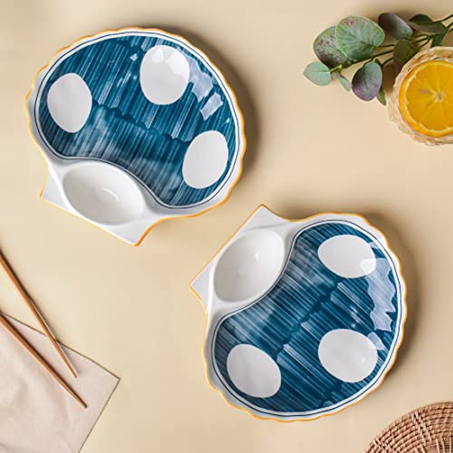 Image of Nestasia Set of 2 Ceramic Shell-Shaped Snack Plate with Dip Section for Chutney | Microwave & Dishwasher Safe Starter Plates | Perfect for Fries, Momos, Sushi, Kebab (White & Blue)